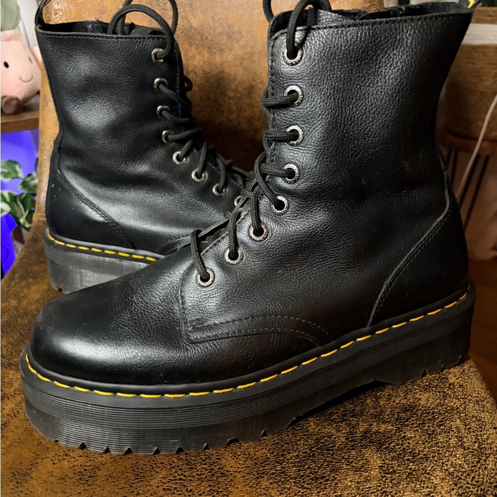 Dr. Martens Black Leather Platform Lace-Up Boots with Yellow Stitching